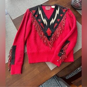 Miller Vintage Red Fringed Sweater with‎ Black Accents